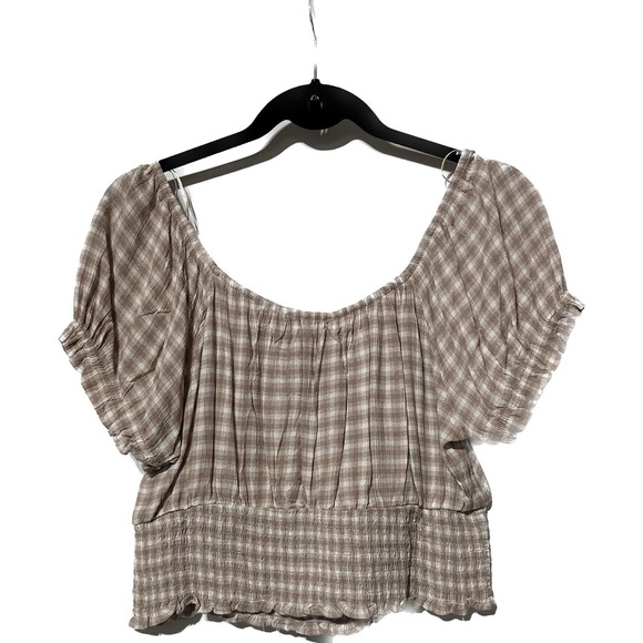 Pink‎ Rose tan white checked shirt size L - Picture 3 of 4